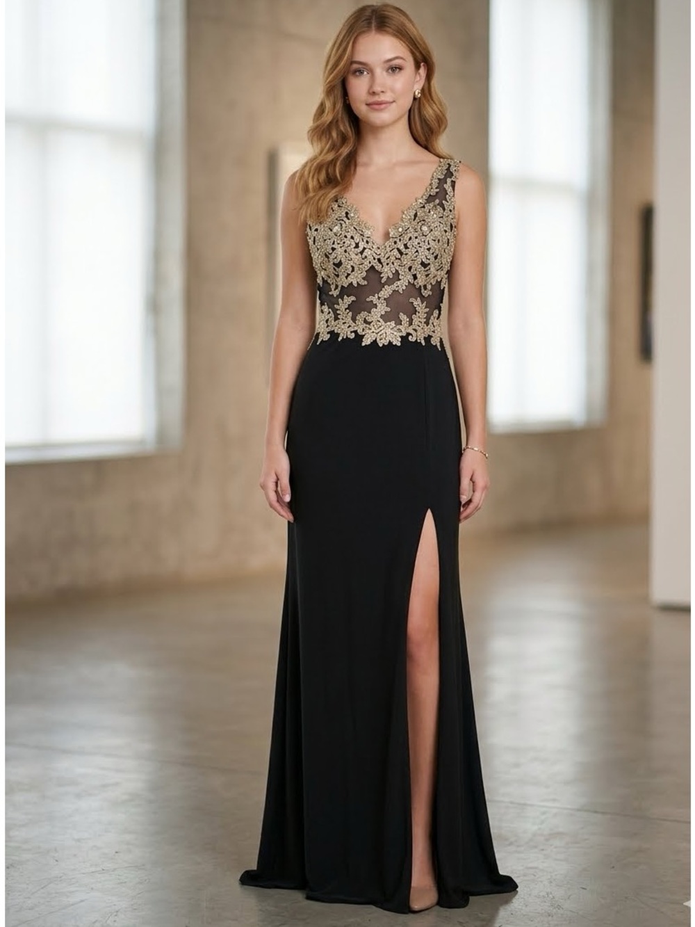 Blondie Nites by Stacy Sklar Embroidered Illusion Bodice Elegant Long Dress SZ 7